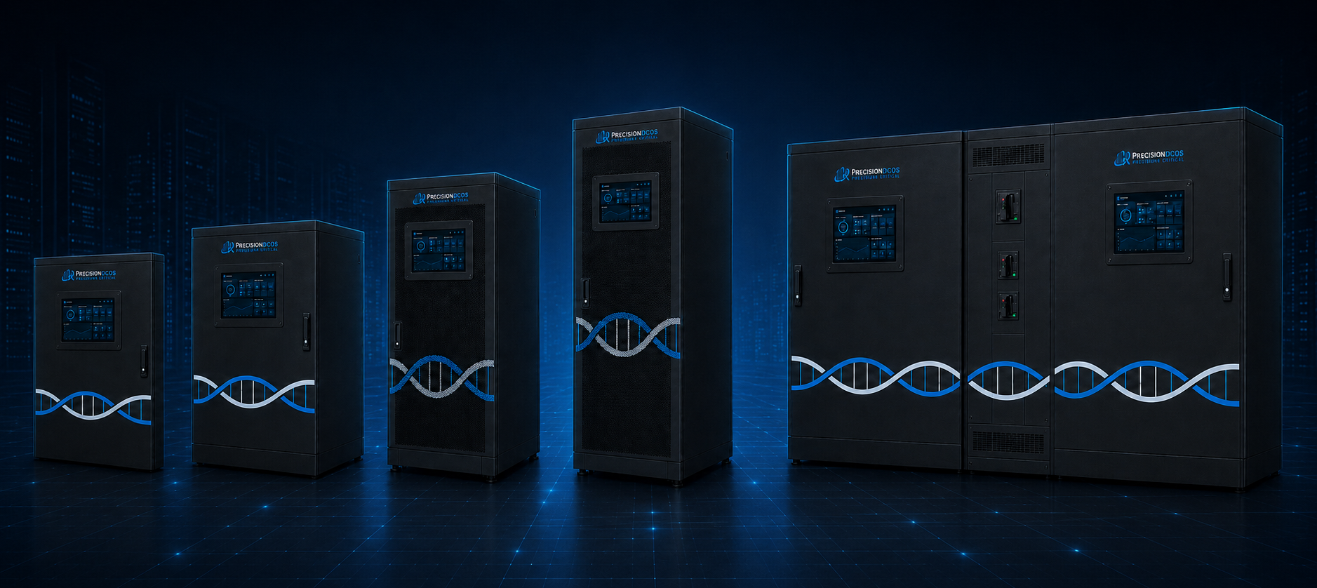 Lineup of five PrecisionDCOS branded black enclosures in increasing sizes on a dark blue tech backdrop, each fronted with a touchscreen panel and a blue and silver DNA double-helix graphic